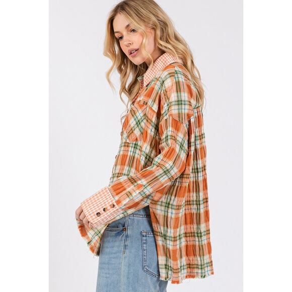 SAGE + FIG Side Slit Plaid Pattern Button Down Long Sleeves Shirt | Savanna - Picture 5 of 6